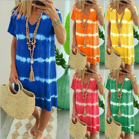 👗Surprise Price: Only £11.99!!🌈 Tie-Dye Striped Short Sleeve T-Shirt Dress – Soft & flowy – Perfect for summer, beach or casual days – comfortable and stylish 🌊✨