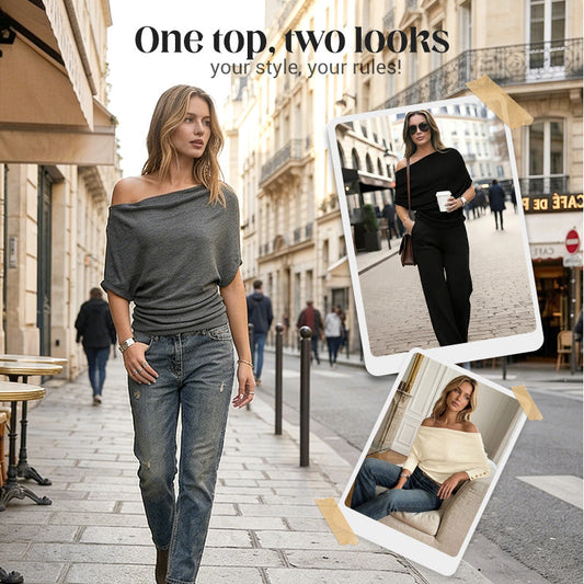 👕Summer Hot Sale - Up to 70% OFF⚡50K+ SOLD!🎁Women's Asymmetrical Off-Shoulder Batwing Sleeve Top👚