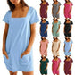 💃Last Day Special Price ￡11.99!!💐 💕Women's Casual Square Neck Pocket Short Sleeve Dress with Pockets