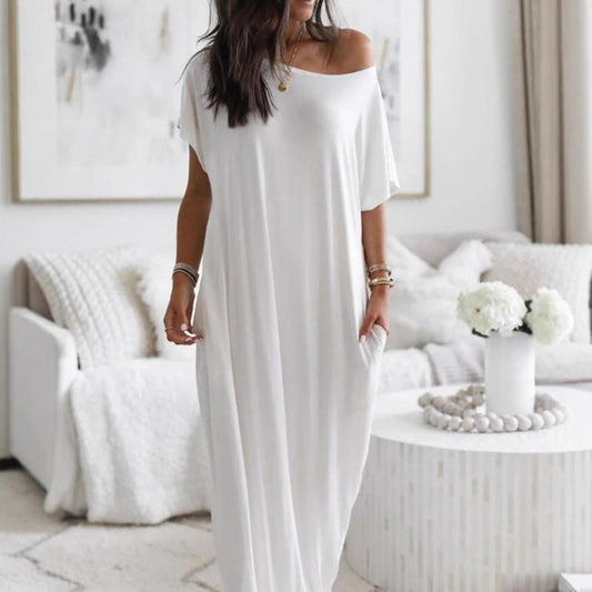 🔥Last Day Special Price £15.99!!💃Women's Summer Casual Loose Solid Color Short-Sleeve Long Dress