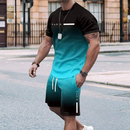 🏖️⏳SUMMER SALE: ONLY ￡15.99!!😎Men's Gradient Color T-Shirt & Shorts Set