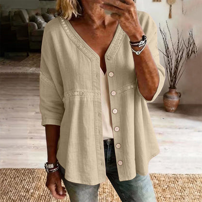 🏆Limited Time Special Price ￡13.99!!✨👚Women's V-Neck Lace Trim Button-Down Blouse– Elegant Everyday Top✨