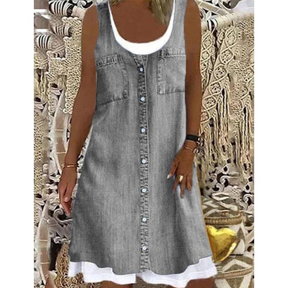 💗👗LAST DAY SALE 60% OFF⚡Women's Faux Two-Piece Denim Print Dress - Throw It On And Look Instantly Put Together✨