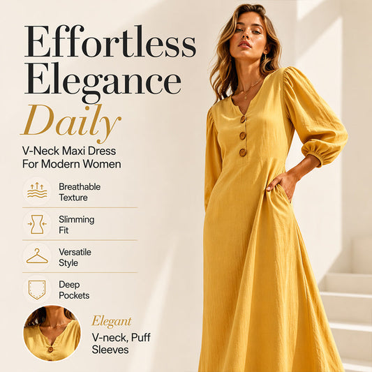 🏆Limited Time Special Price ￡15.99!!✨Women's Casual V-Neck Maxi Dress with Puff Sleeve