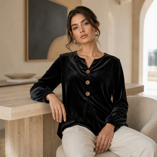 ✨Fresh Drop  70% OFF⚡50K+ SOLD 🛍️ Relaxed Velvet Blouse - Lightweight & Neat Finish for Everyday Elegance