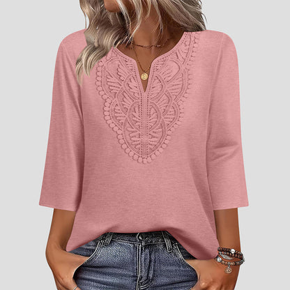 ☀️New Arrival 50% OFF💥👚Top Pick - Lace-Trim V-Neck Blouse – Breathable Fabric & Flattering Drape for Work or Weekend 🌿