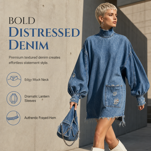 👖LAST DAY 60% OFF👗Women's Oversized Denim Mock Neck Mini Dress
