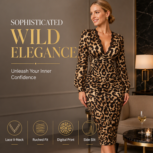 ⏳Time-Limited Special 70% Off⏰Women’s Lace Leopard V-Neck Lantern Sleeve Mid-Length Dress