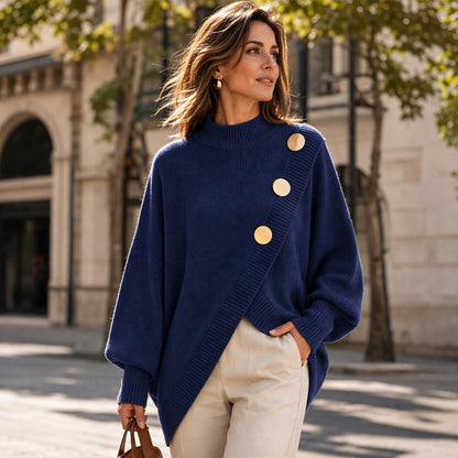 🧶Surprise Price: Only £20.99!!🔥🧣Mock Neck Warmth, Cozy Knit🧶 Women's Asymmetric Hem Mock Neck Knit Sweater – Soft & Skin-Friendly, Warm Coverage ✨